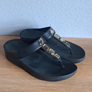 FitFlop Roka Women 6 / 37 Black Leather Toe-Thong Sandals  Rhinestone Fit Flop